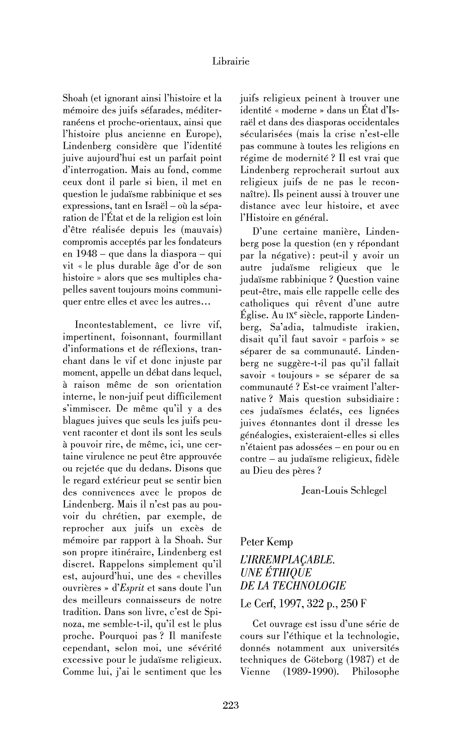 Peter Kemp : l’Irremplaçable. Une éthique de la technologie