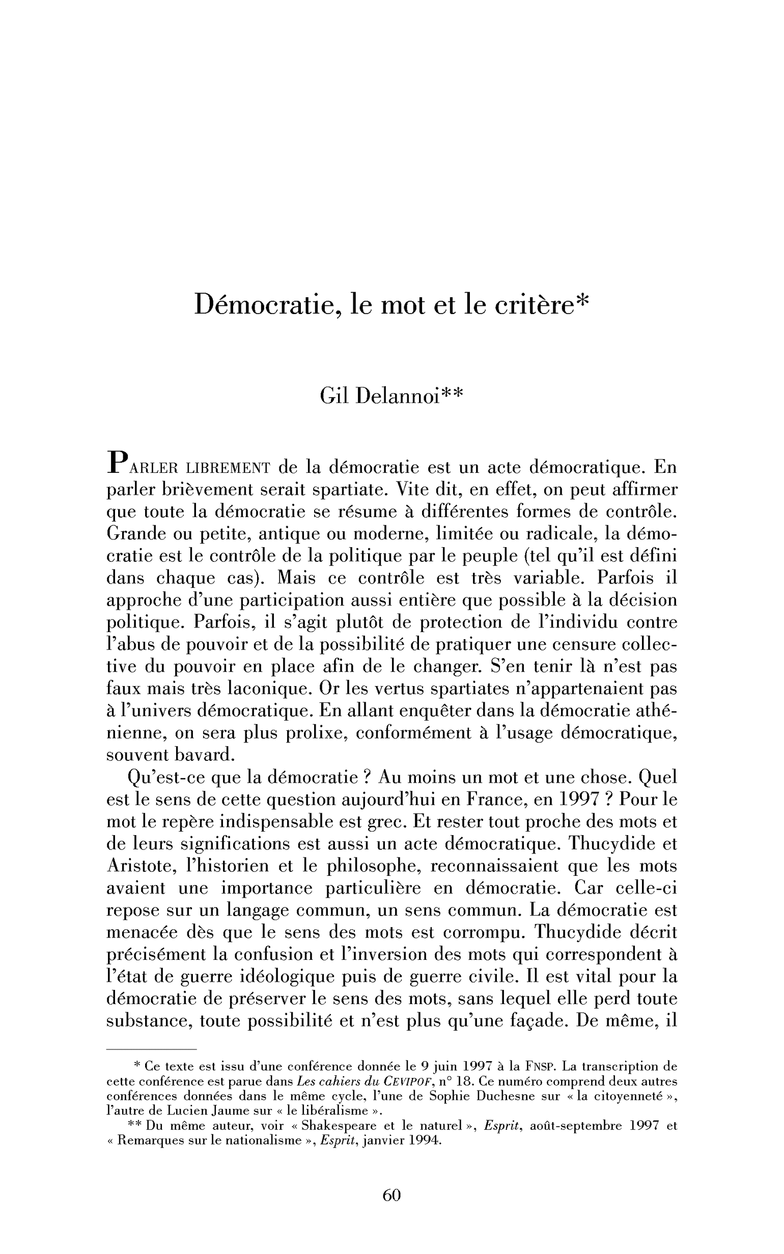 Démocratie, le mot et le critère