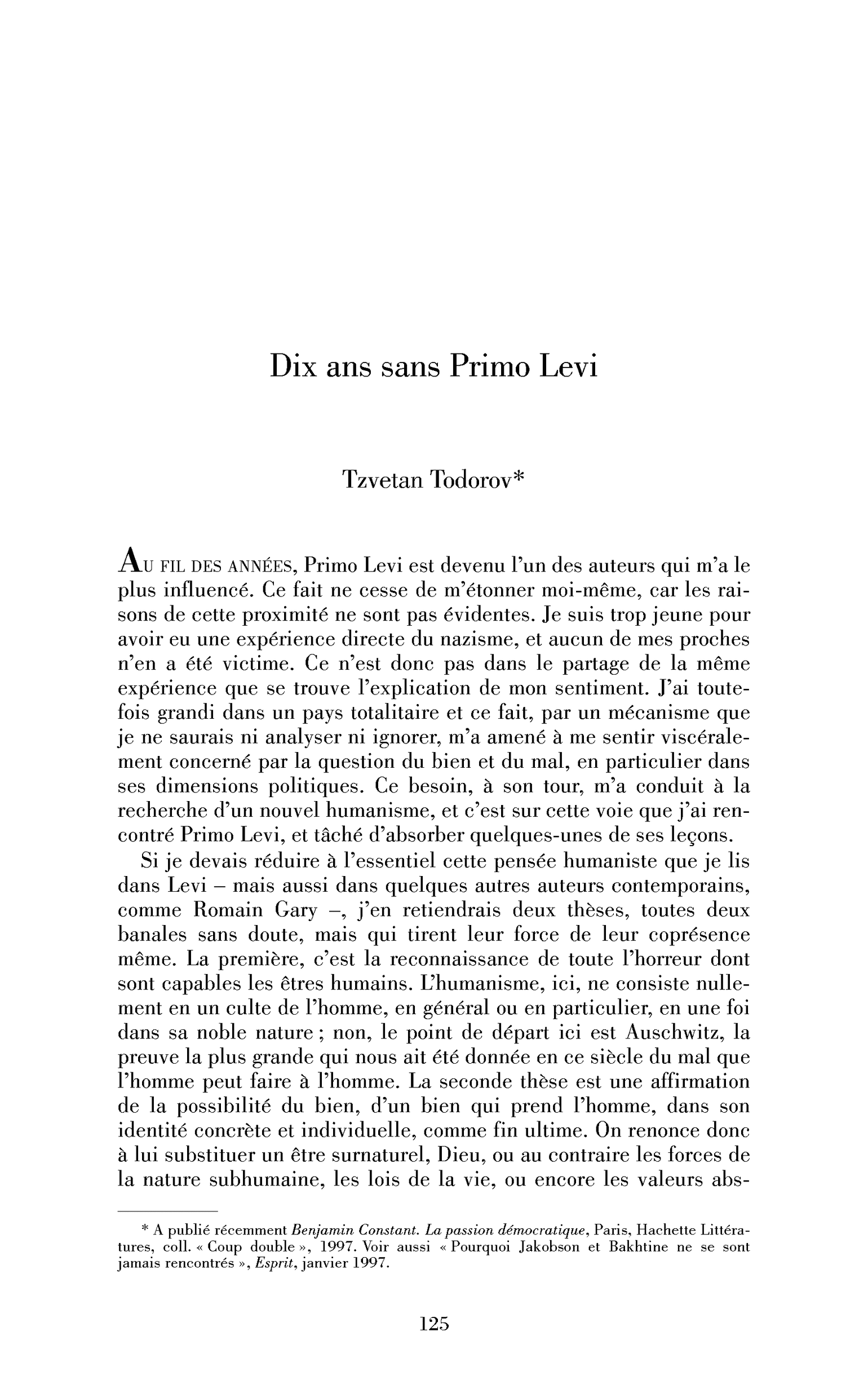 Dix ans sans Primo Levi
