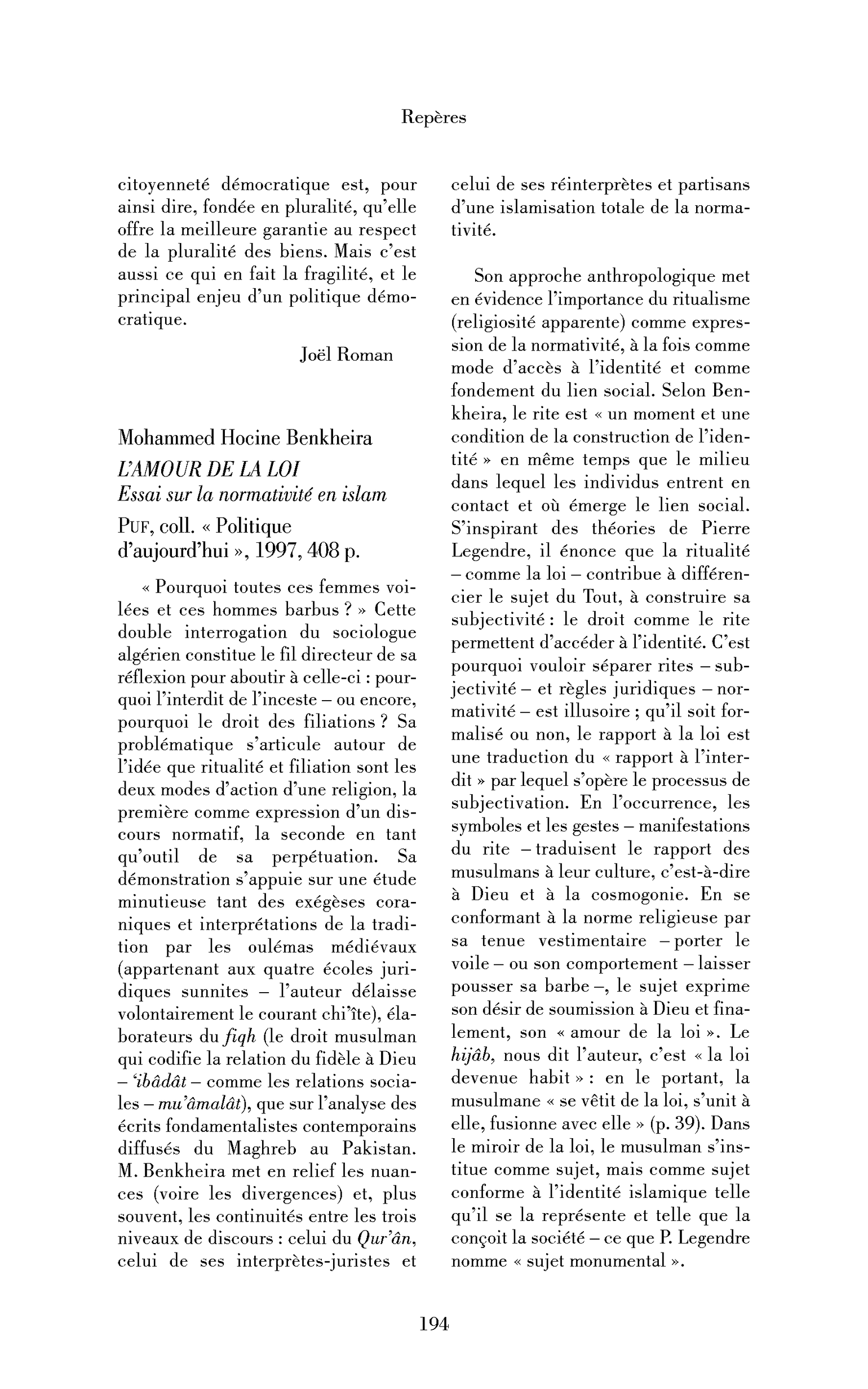 Mohammed Hocine Benkheira : l’Amour de la loi. Essai sur la normativité en islam