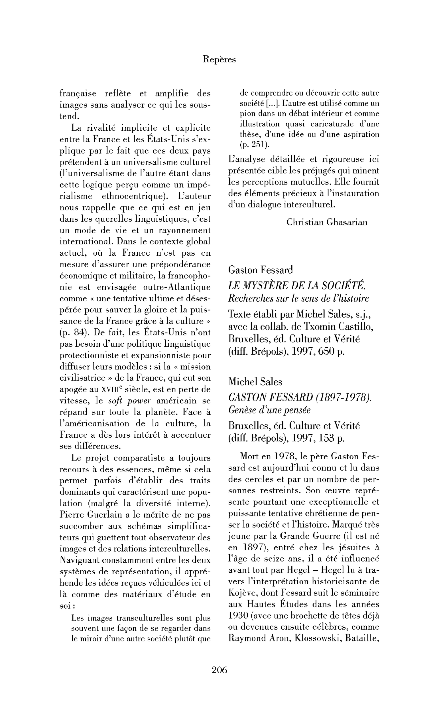 « Gaston Fessard : le Mystère de la société. Recherches sur le sens de l’histoire; Michel Sales : Gaston Fessard (1897-1978). Genèse d’une pensée »