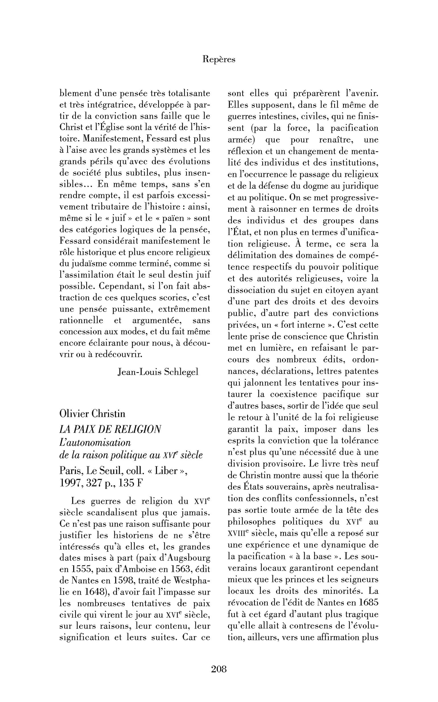 Olivier Christin : la Paix de religion. L’autonomisation de la raison politique au XVIe siècle