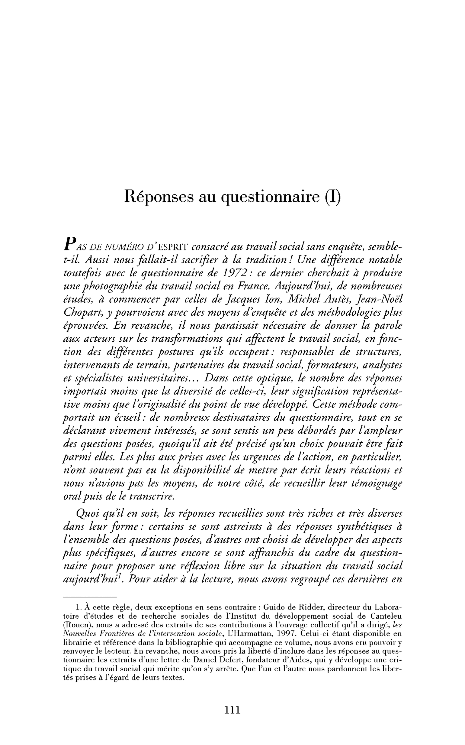 Réponses au questionnaire (I)