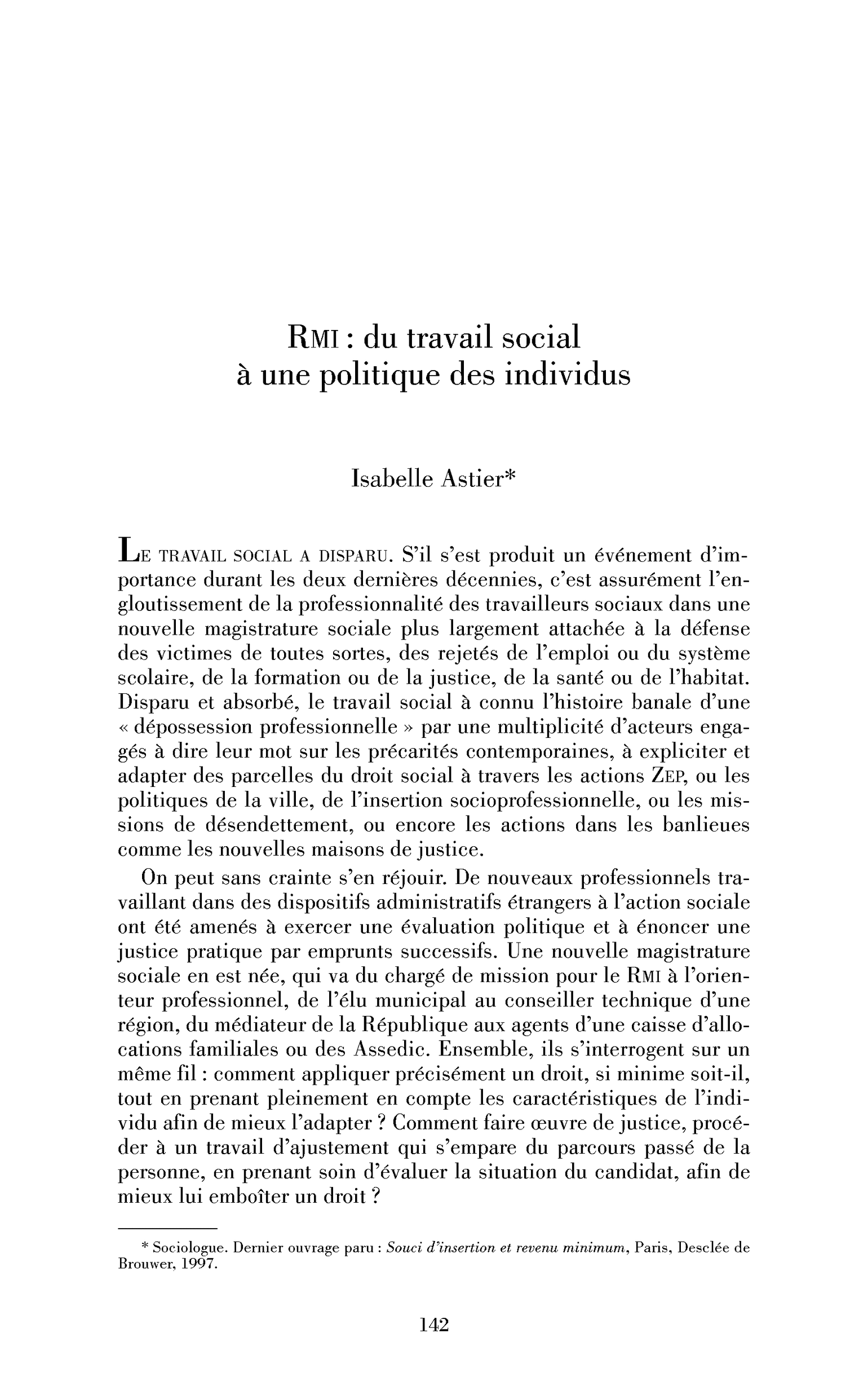 RMI : du travail social à une politique des individus