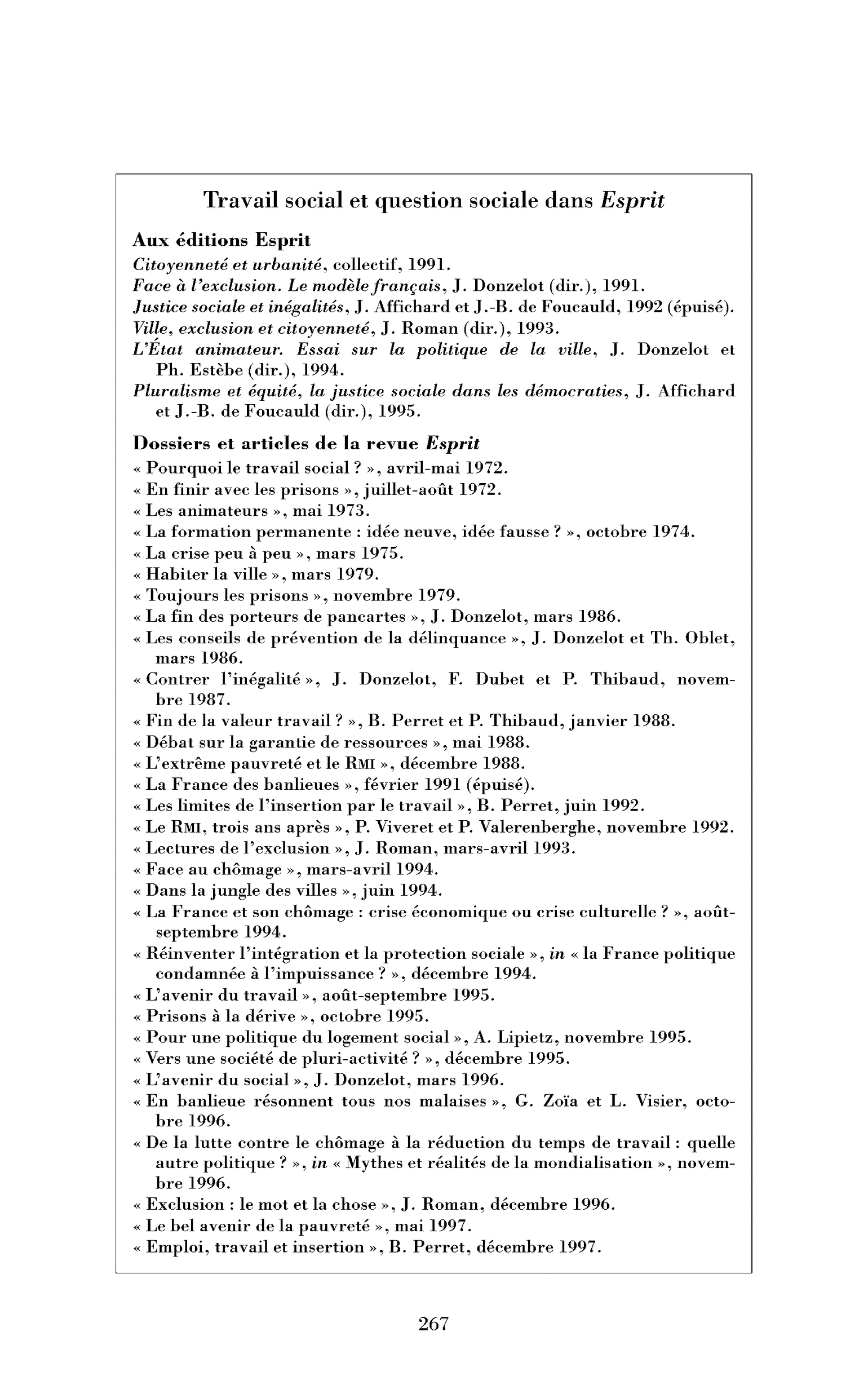 Travail social et question sociale dans Esprit (bibliographie)