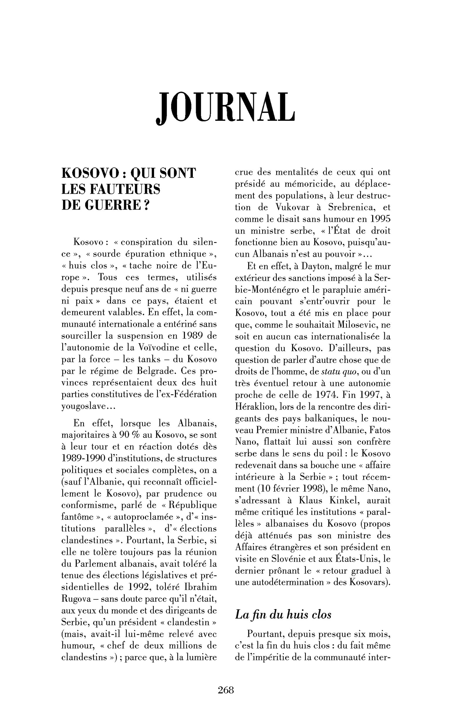 Kosovo : qui sont les fauteurs de guerre?