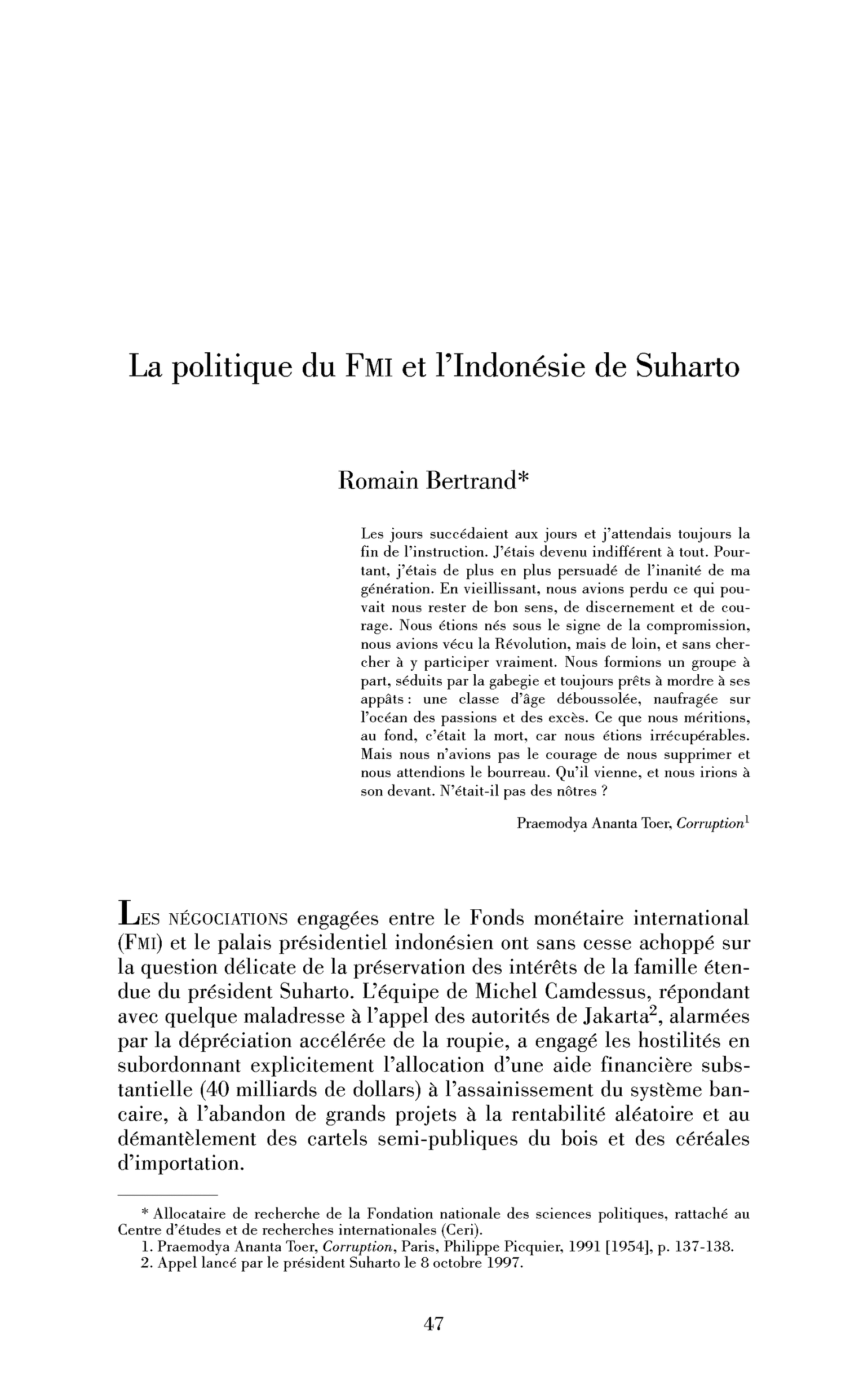 La politique du FMI et l’Indonésie de Suharto