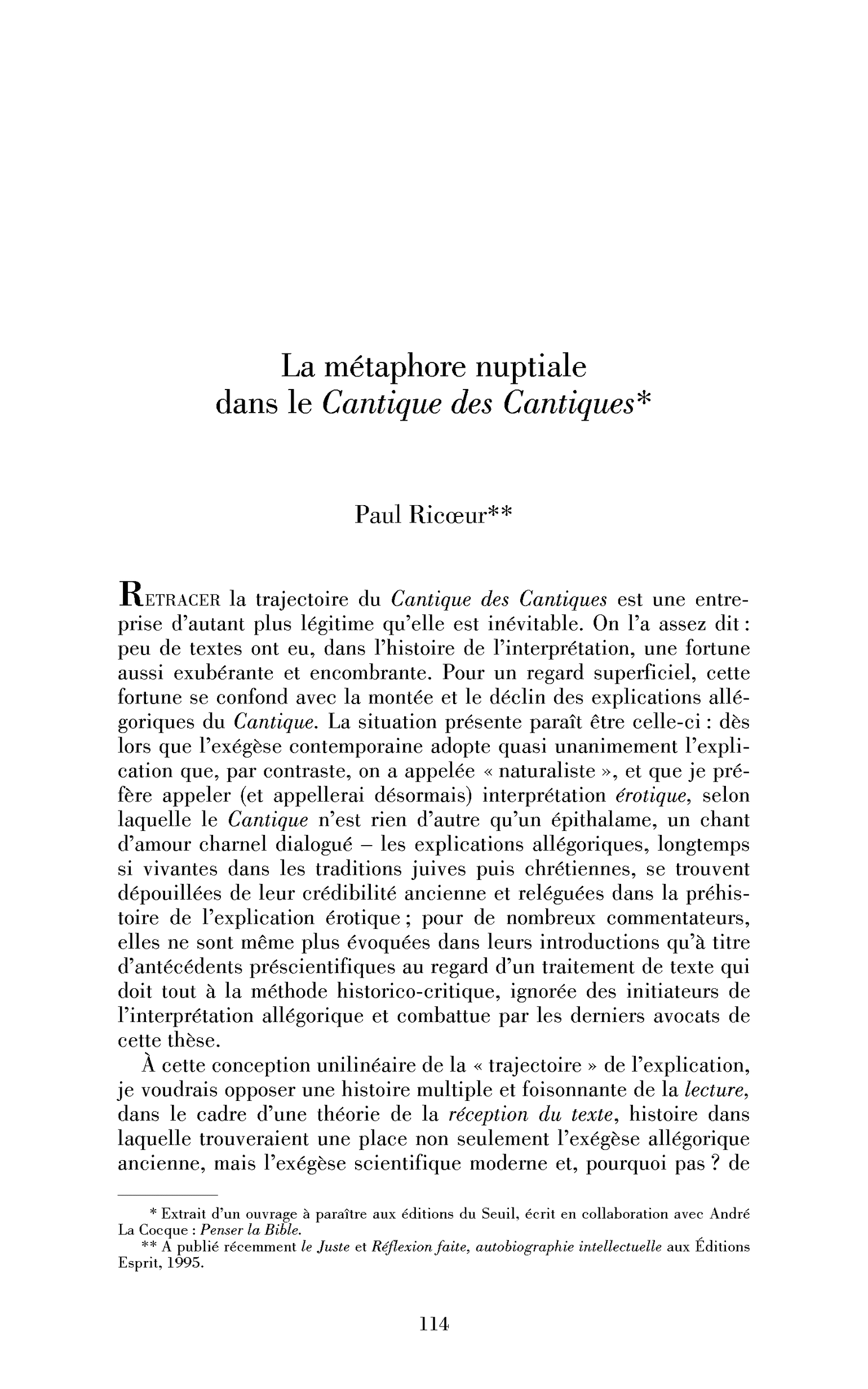 La métaphore nuptiale dans le Cantique des cantiques