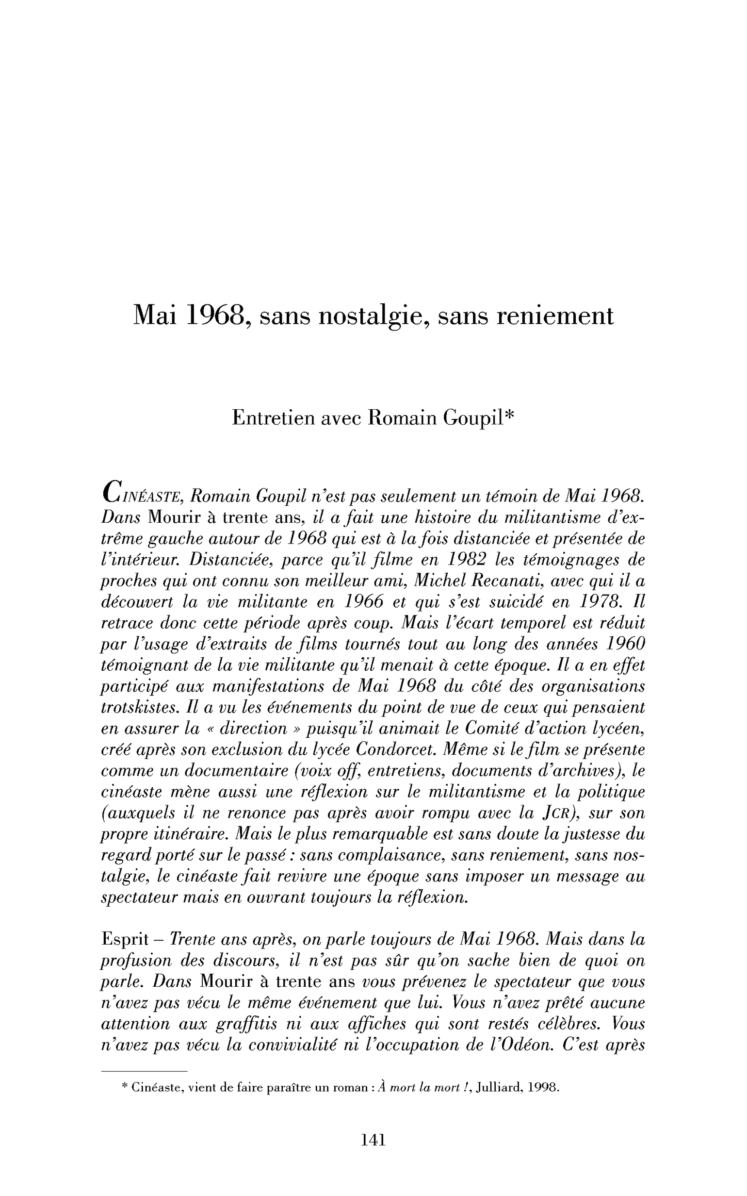 Mai 68, sans nostalgie, sans reniement. (Entretien)