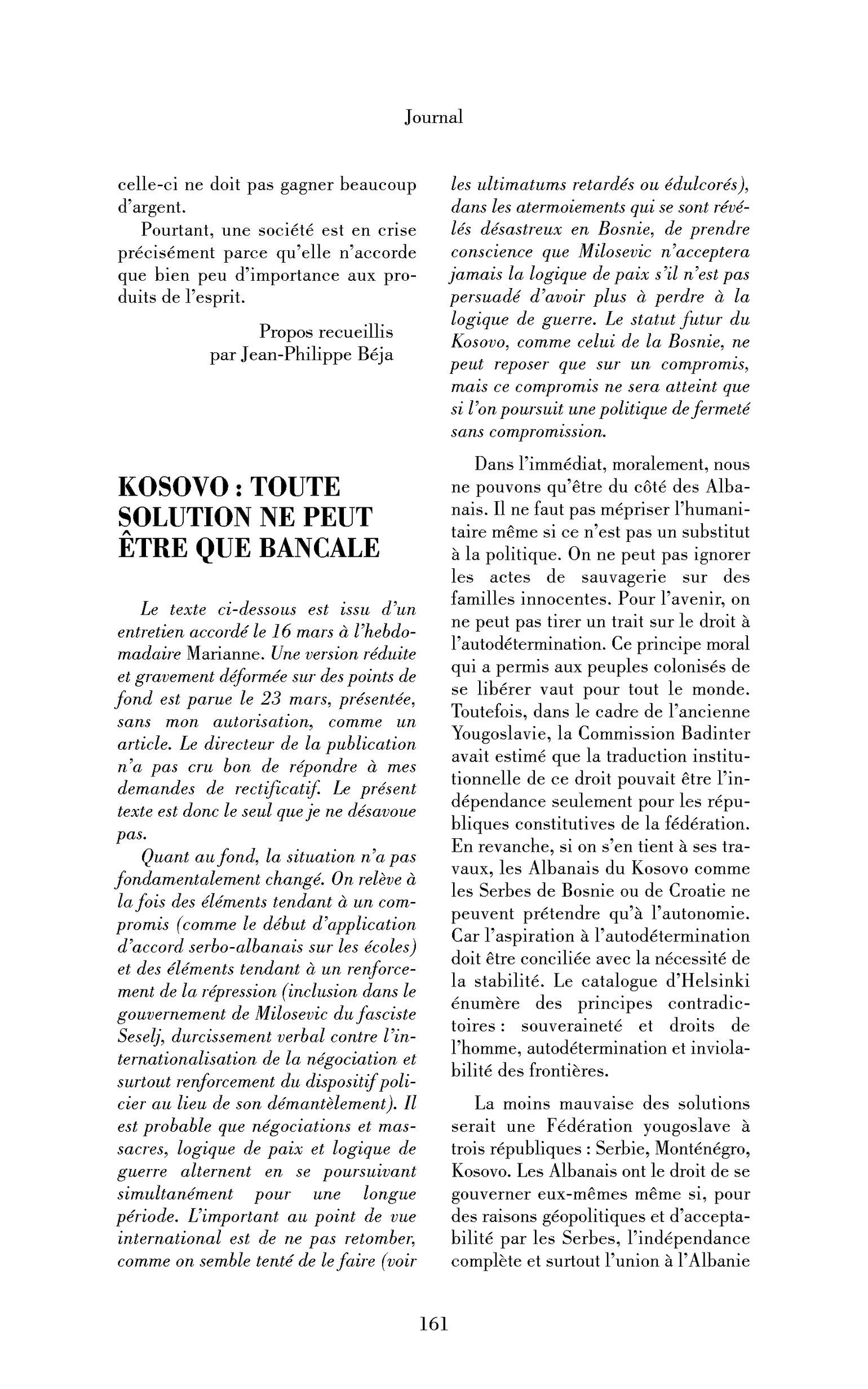 Kosovo : toute solution ne peut être que bancale