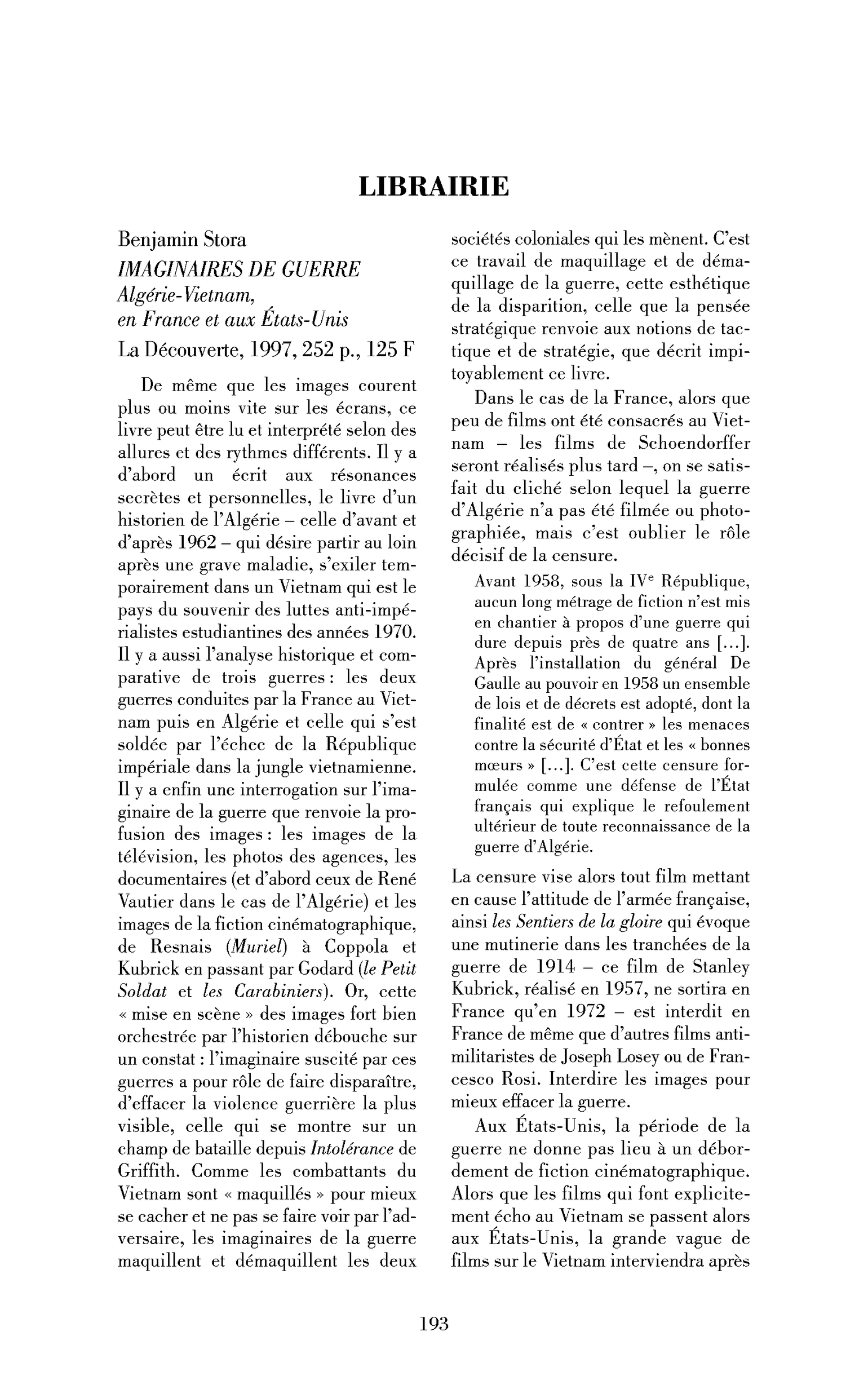 Benjamin Stora : Imaginaires de guerre. Algérie-Vietnam, en France et aux États-Unis