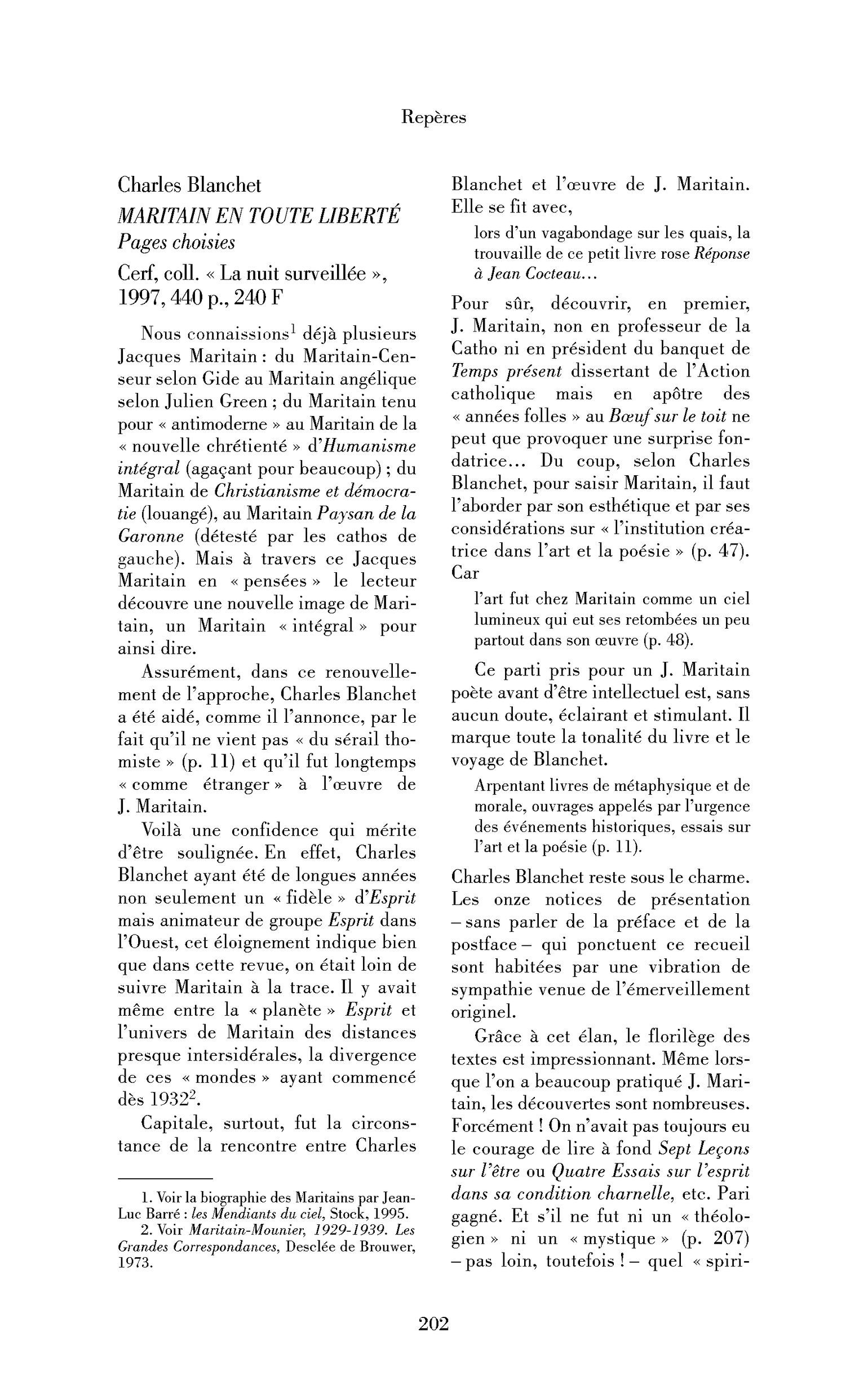 Charles Blanchet : Maritain en toute liberté. Pages choisies