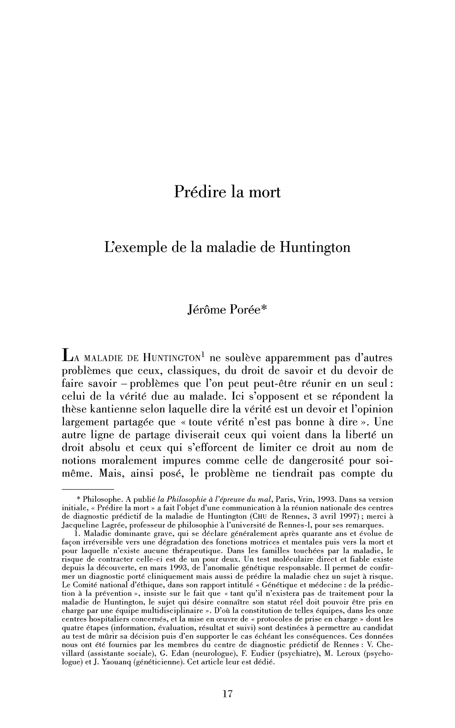 Prédire la mort. L’exemple de la maladie de Huntington
