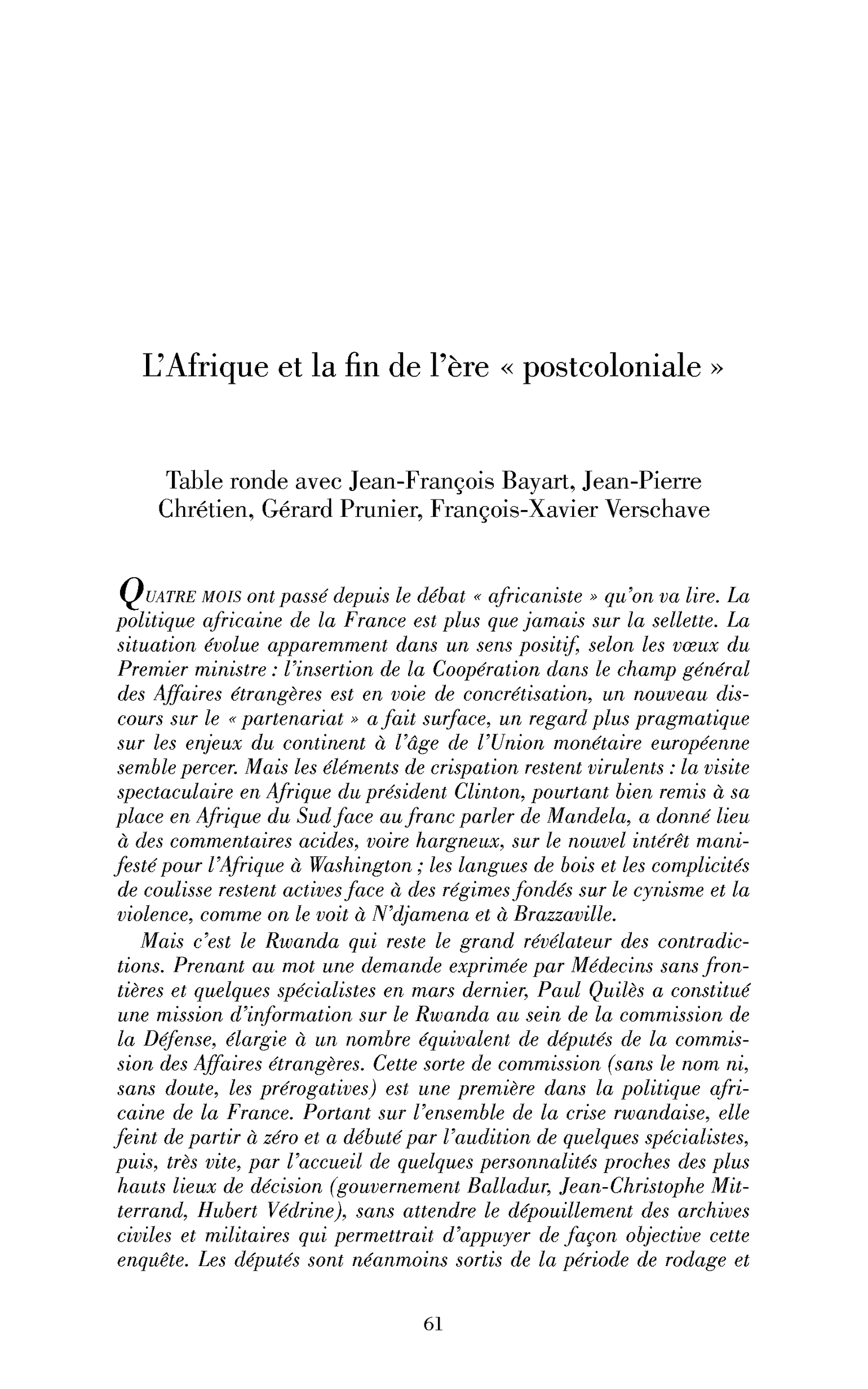 L’Afrique et la fin de l’ère « postcoloniale ». (Table ronde)