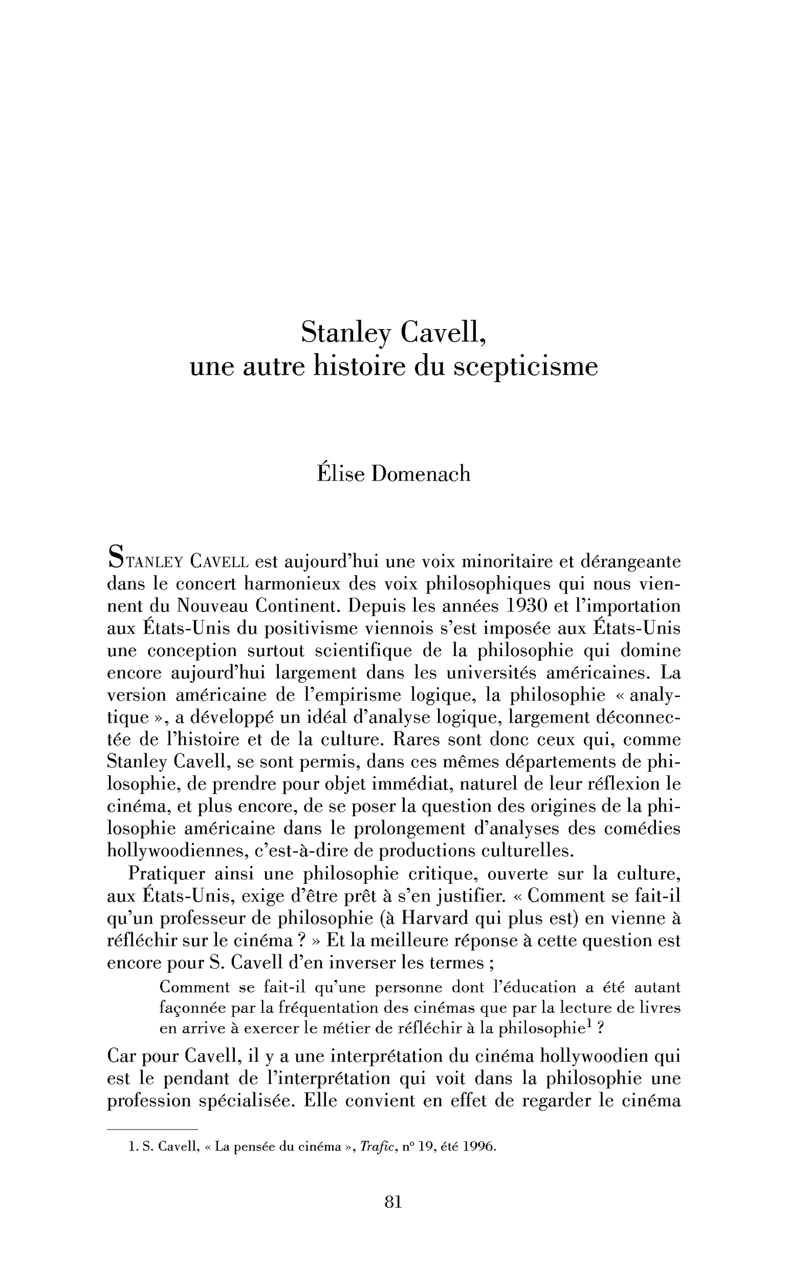 Stanley Cavell, une autre histoire du scepticisme