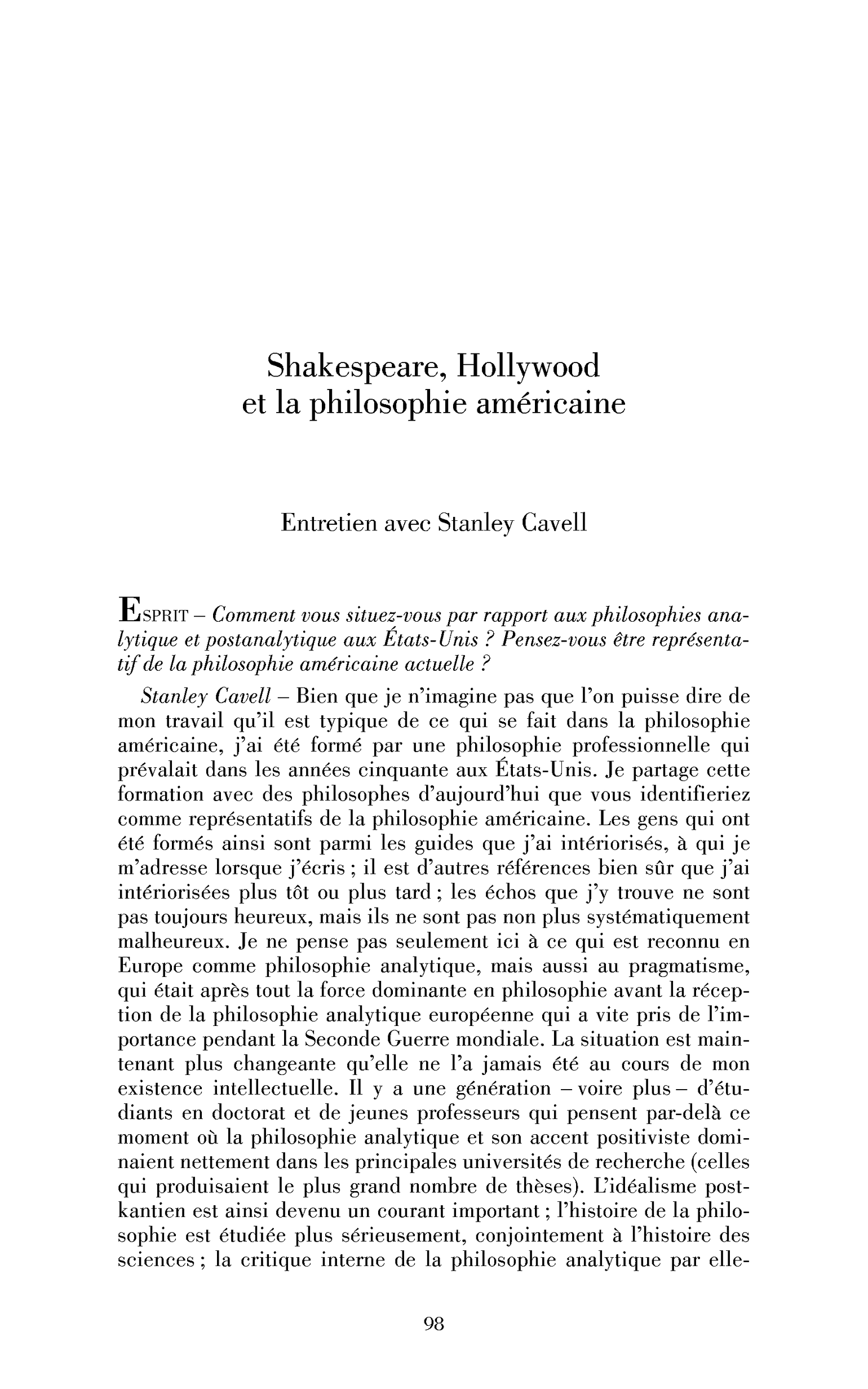 Stanley Cavell : Shakespeare, Hollywood et la philosophie américaine.