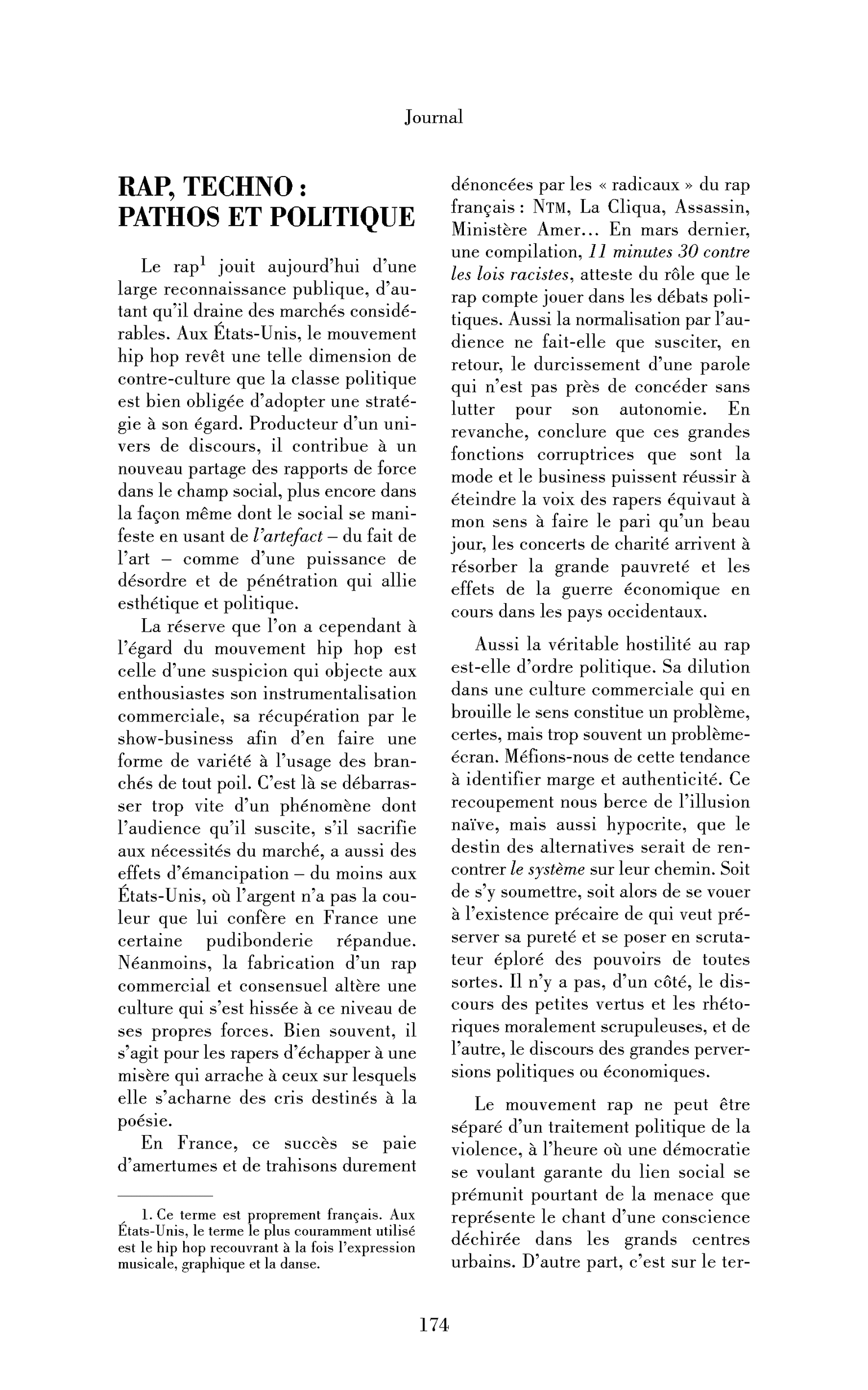 Rap, techno : pathos et politique