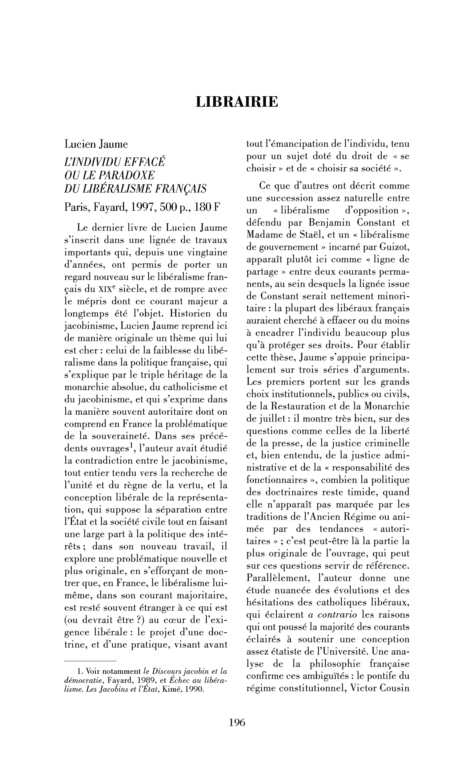 Lucien Jaume : l’Individu effacé ou le paradoxe du libéralisme français