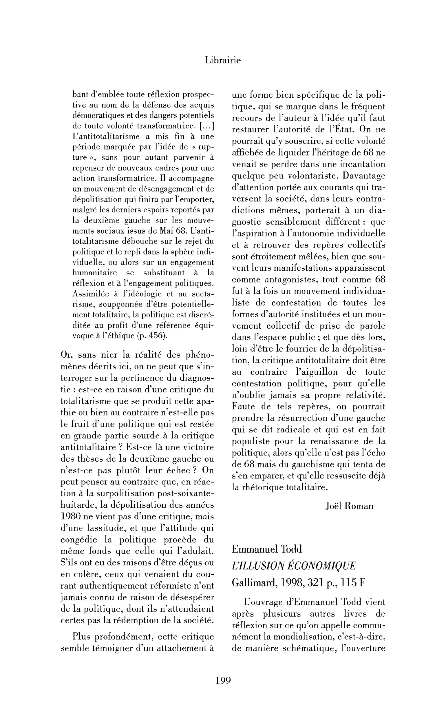 Emmanuel Todd : l’Illusion économique
