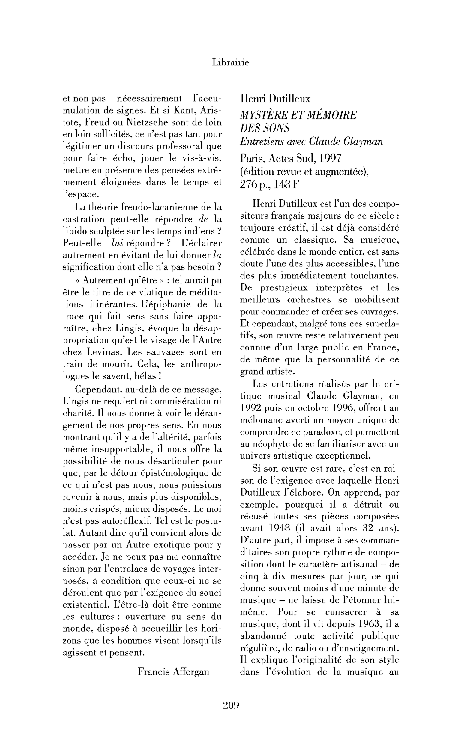Henri Dutilleux : Mystère et mémoire des sons. Entretiens avec Claude Glayman