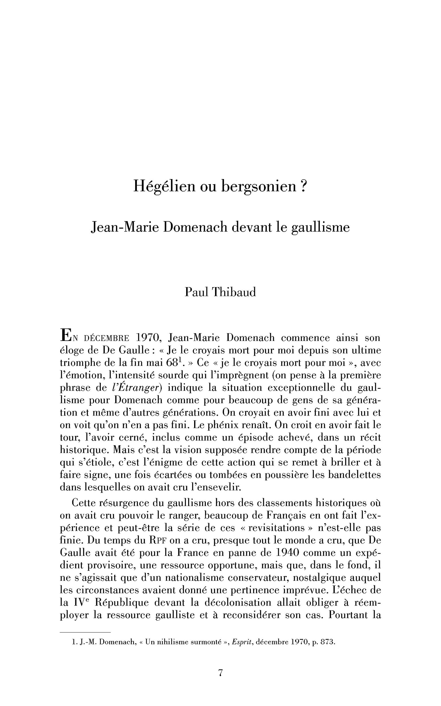 Hégélien ou bergsonien? Jean-Marie Domenach devant le gaullisme