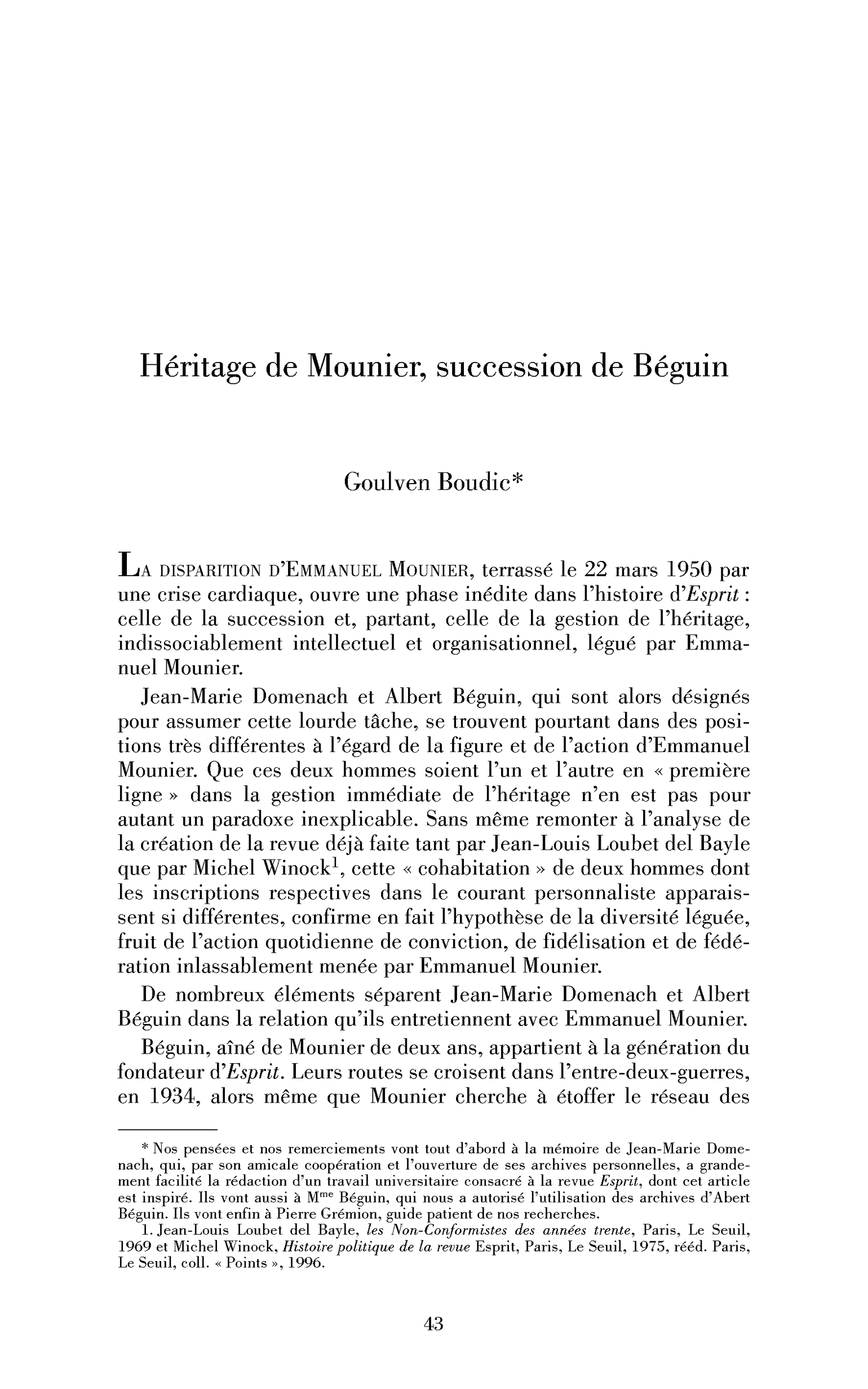 Héritage de Mounier, succession de Béguin