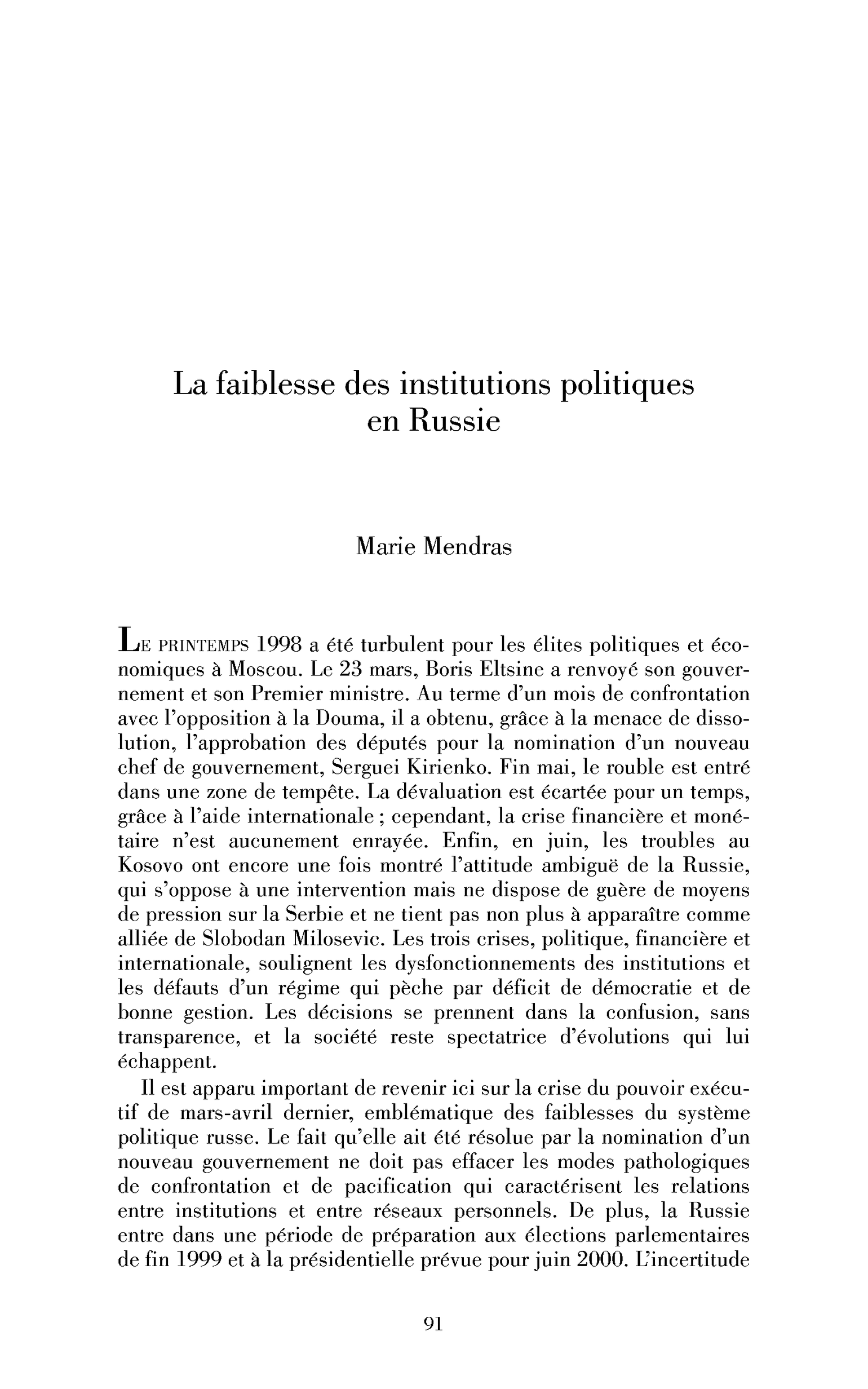 La faiblesse des institutions politiques en Russie