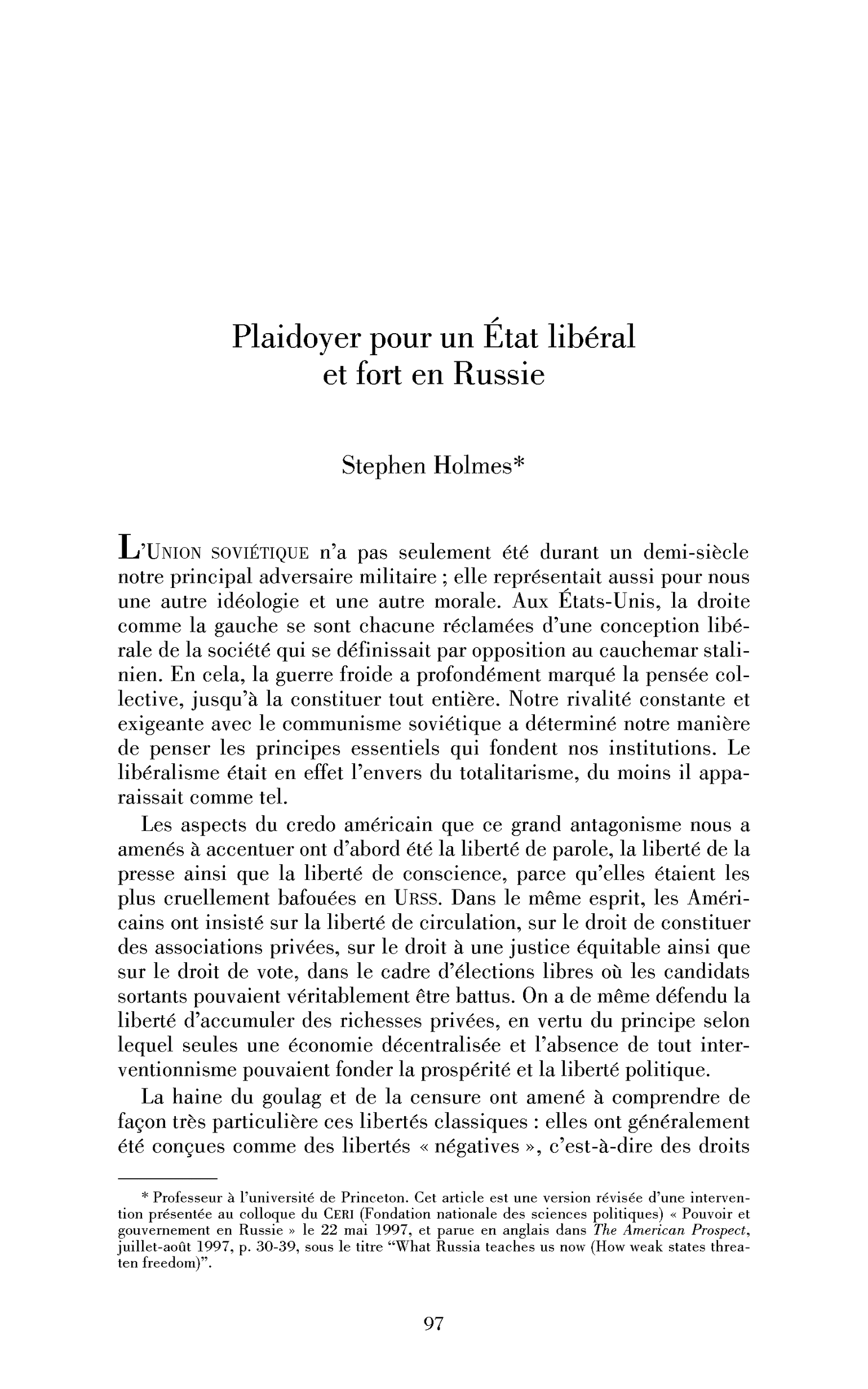 Plaidoyer pour un État libéral et fort en Russie