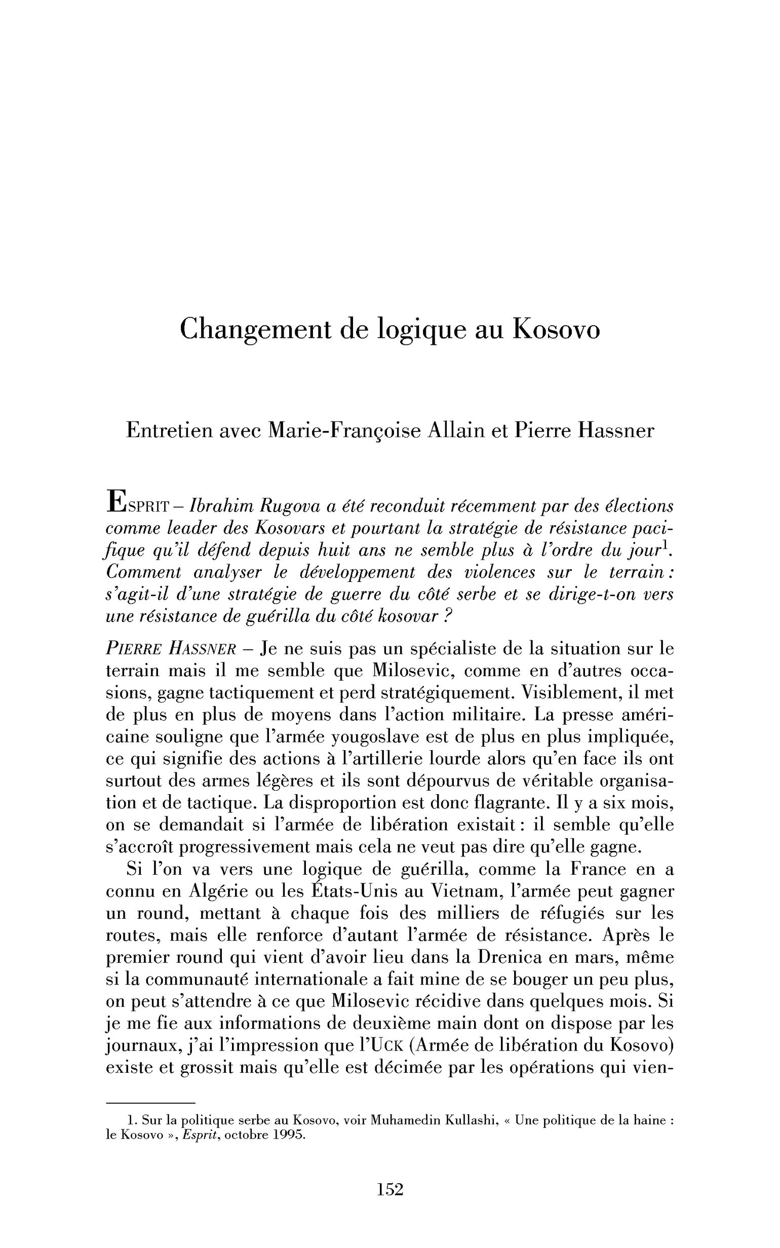 Changement de logique au Kosovo. (Entretien)