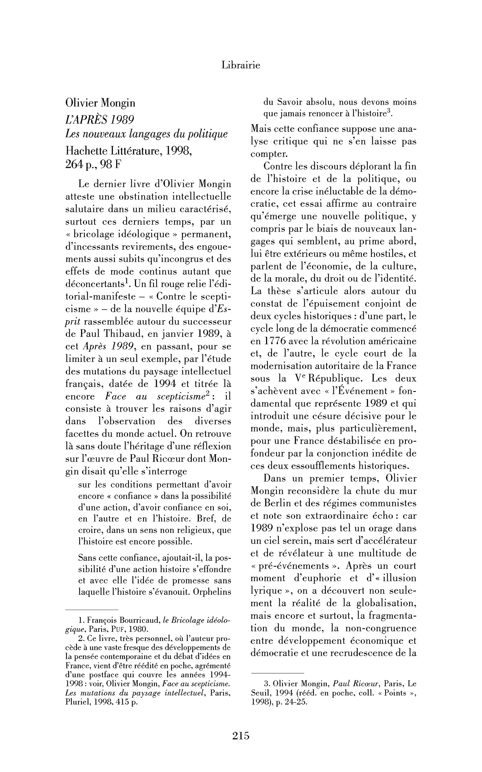 Olivier Mongin : l’Après 1989. Les nouveaux langages du politique