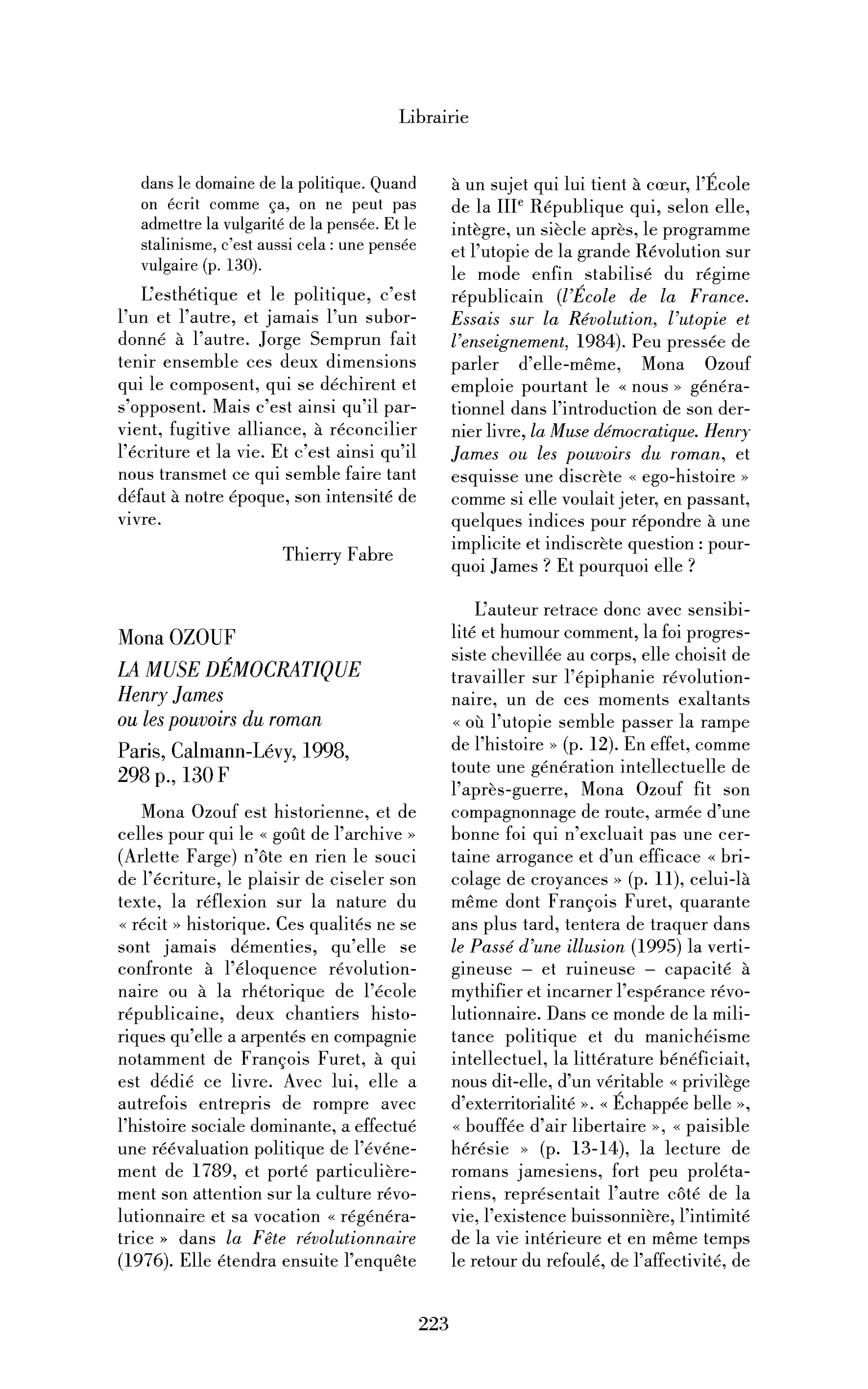 Mona Ozouf : la Muse démocratique. Henry James ou les pouvoirs du roman