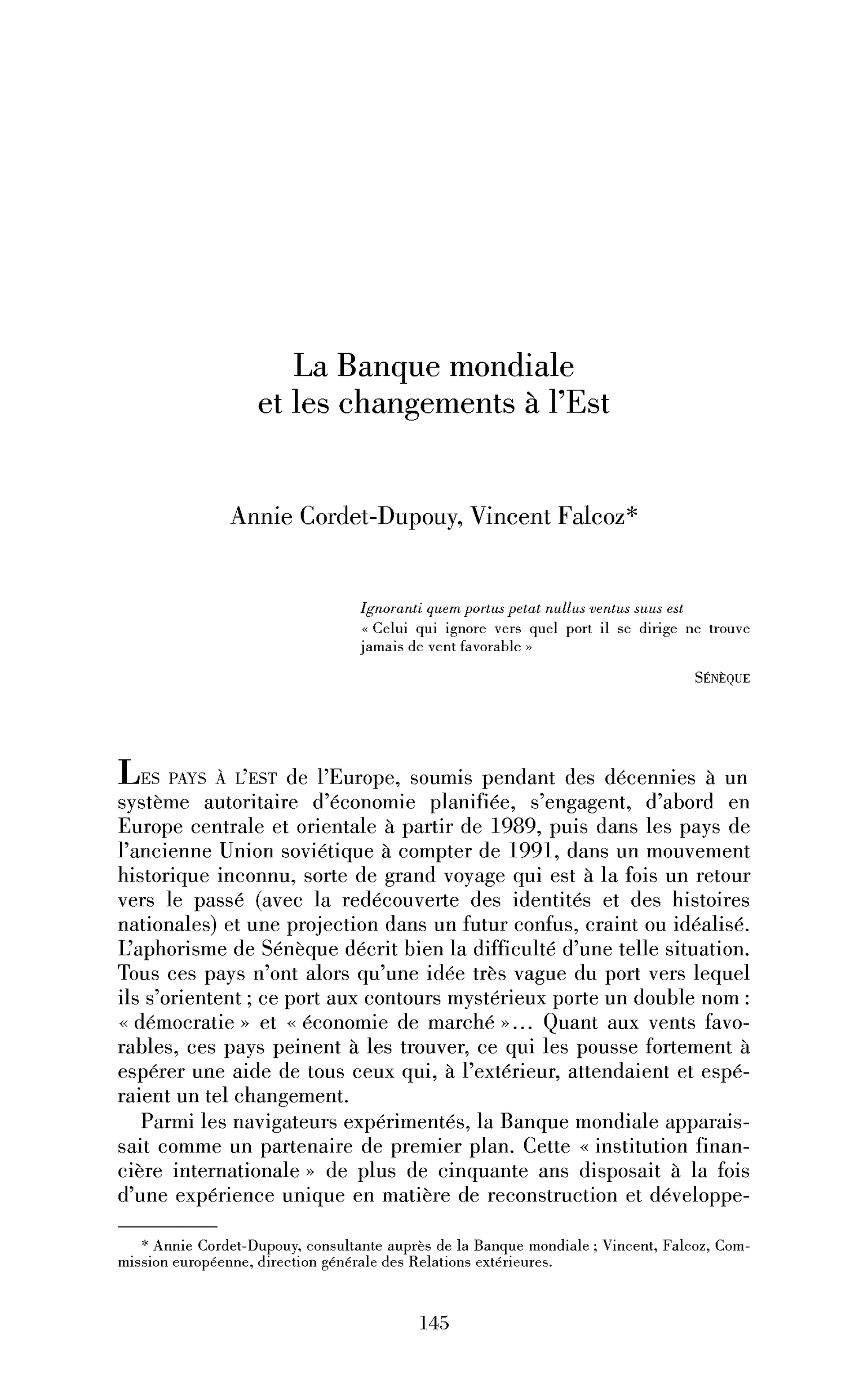 La Banque mondiale et les changements à l’Est