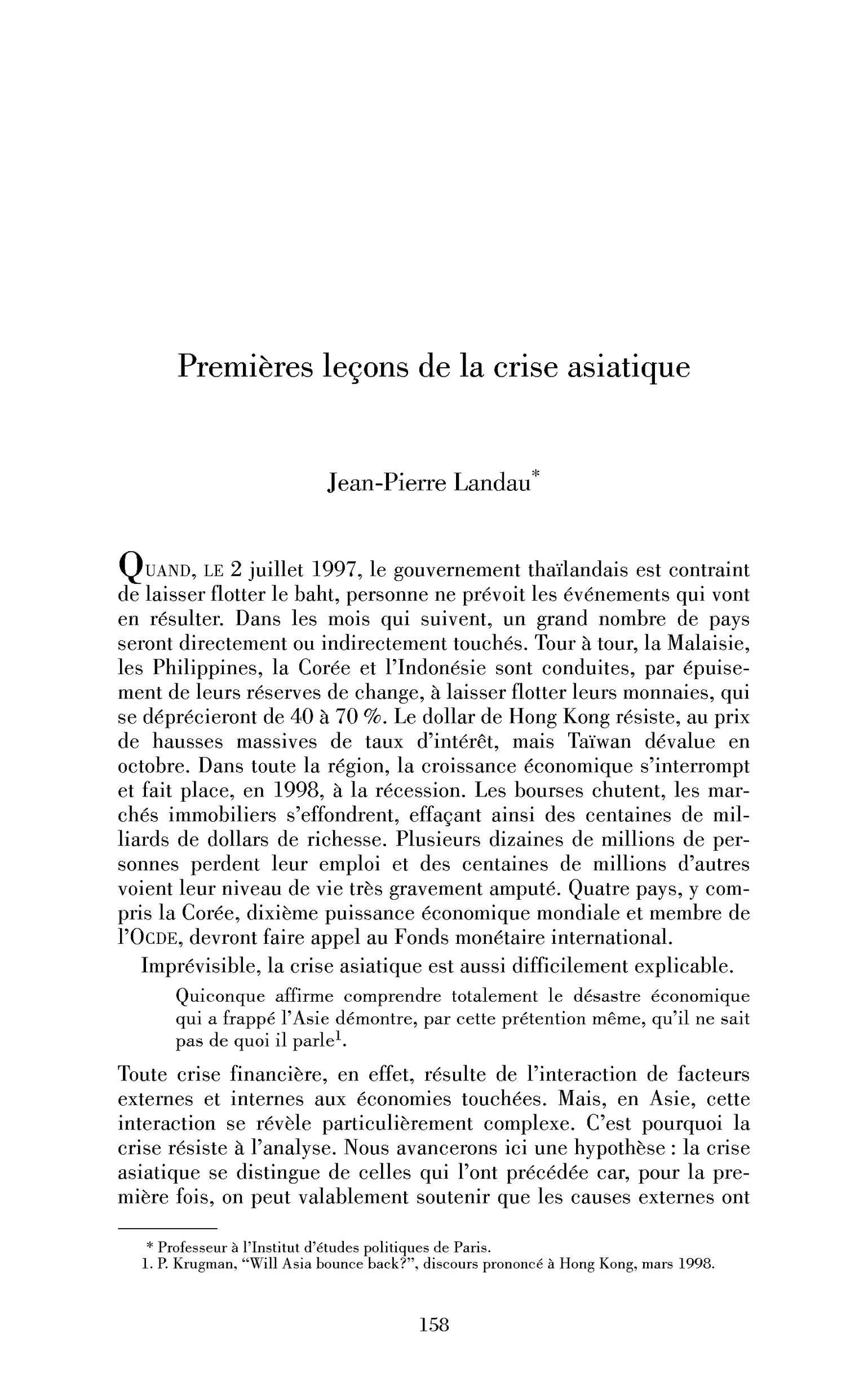 Premières leçons de la crise asiatique