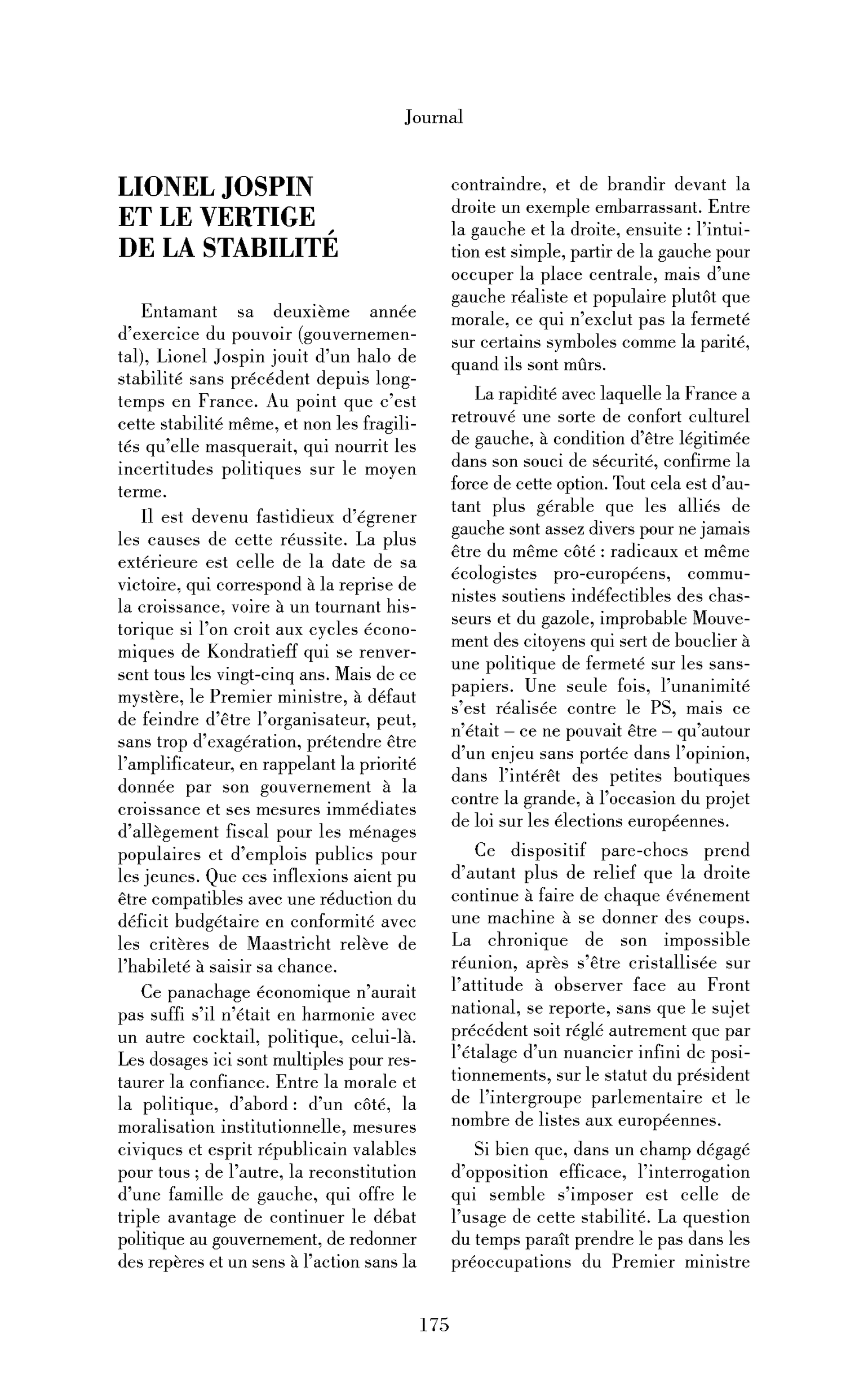 Lionel Jospin et le vertige de la stabilité